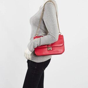Valentino Red Leather Rockstud Glam Lock Medium Flap Bag